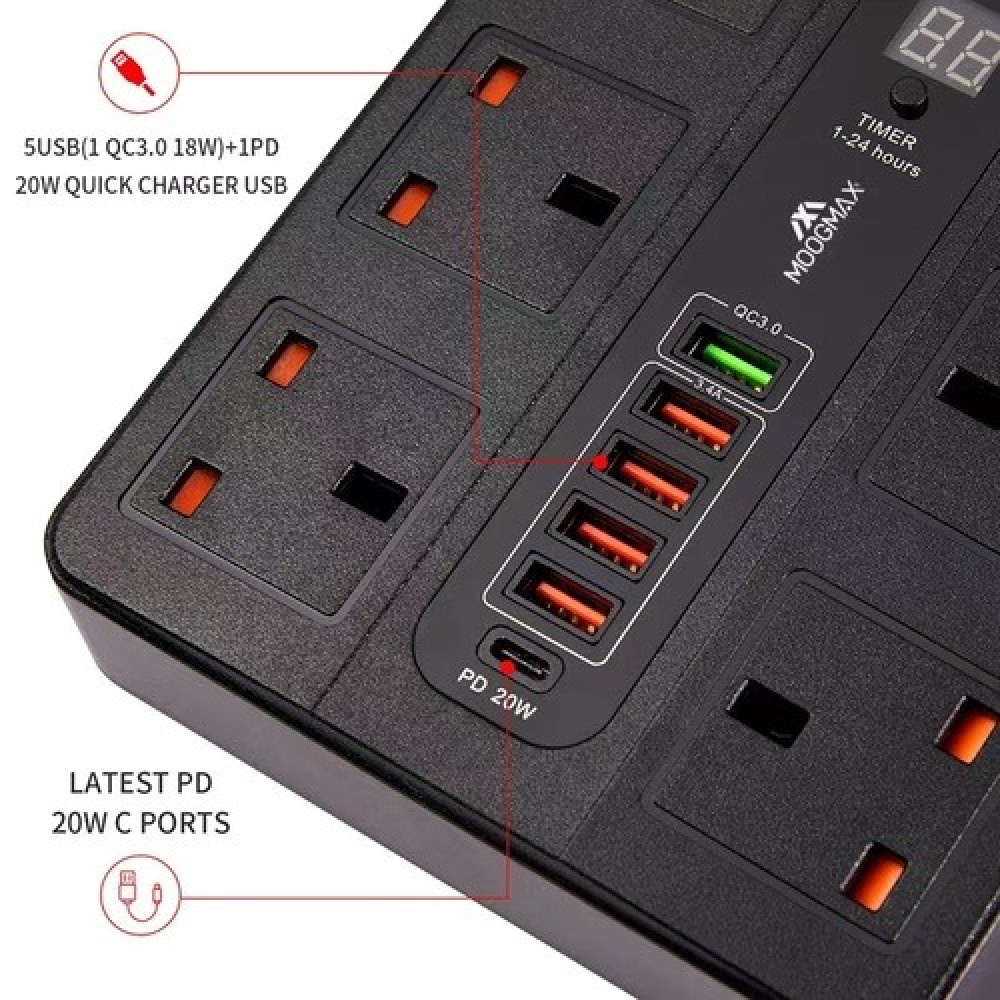 مشترك كهرباء 6 منافذ مع 6 مخارج يو اس بي و تايب سي 2500 واط