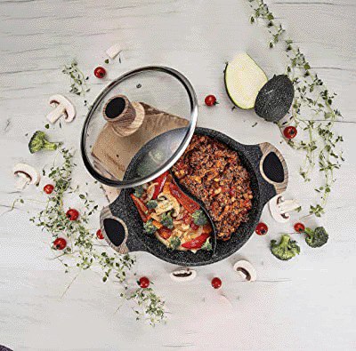 حلة جرانيت ثقيل غير لاصق مقسمة لجزئين بمقبض خشبي بغطاء اكليريك 24 سم