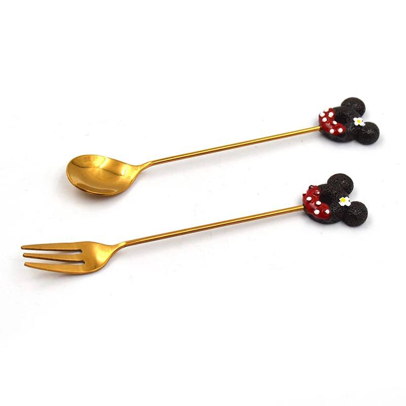 طقم معالق وشوك ميكي ماوس 4 قطع استانليس مطلي باللون الذهبي