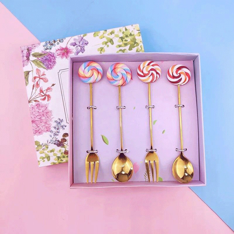 طقم معالق وشوك لولي بوب 4 قطع استانليس مطلي باللون الذهبي