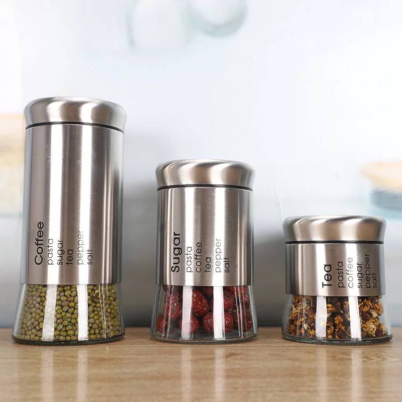 طقم توابل 3 قطع بمقاسات مختلفة لحفظ وتنظيم الفلفل والملح والشطة من الزجاج والاستانليس