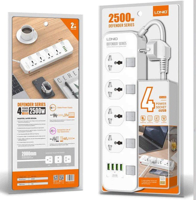 مشترك كهربائي 4 فيشةمع 4 منافذ يو اس بي بمفاتيح منفصلة سريع الشحن للأجهزة والموبايلات