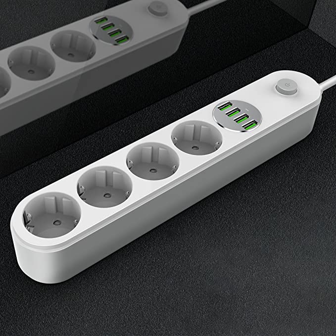 مشترك كهربائي سريع الشحن 4 فيشة مع 4 منافذ يو اس بي ليناسب جميع انواع الاجهزة مقاوم للأشتعال 2500 واط