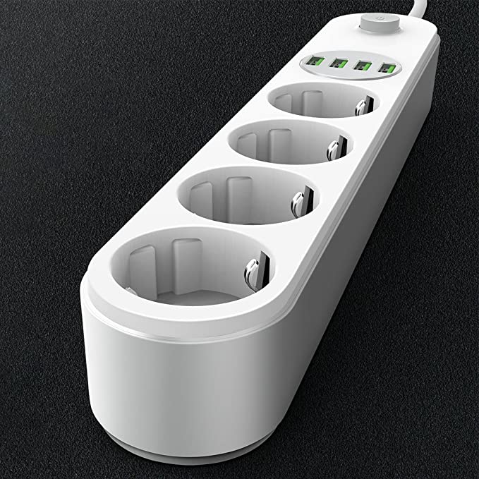 مشترك كهربائي سريع الشحن 4 فيشة مع 4 منافذ يو اس بي ليناسب جميع انواع الاجهزة مقاوم للأشتعال 2500 واط