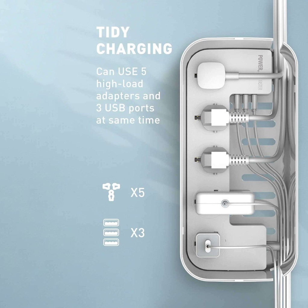مشترك كهربائي 5 فيشة مع 3 منافذ يو اس بي ببوكس منظم للاسلاك وستاند للهواتف و الأجهزه