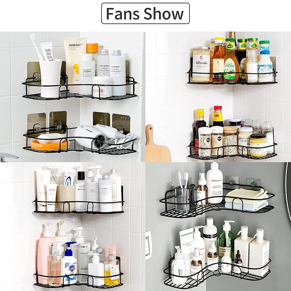 رف ركنة معدن منظم وحامل لادوات الحمام والمطبخ كالشامبو والشاور والتوابل وزجاجات الزيت بلزق دبل فيس قوي