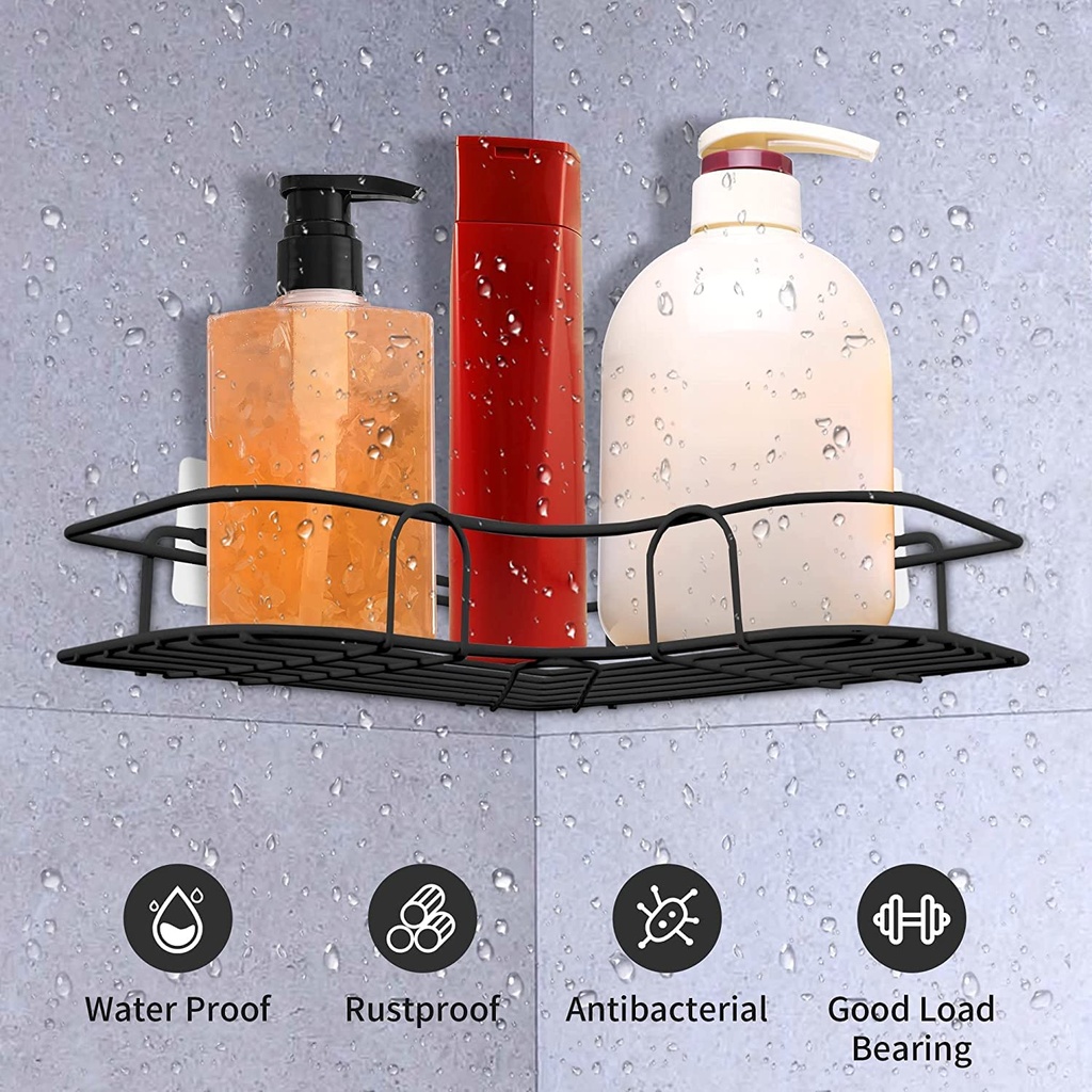 رف ركنة معدن منظم وحامل لادوات الحمام والمطبخ كالشامبو والشاور والتوابل وزجاجات الزيت بلزق دبل فيس قوي