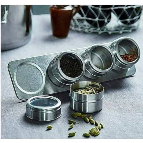 طقم توابل 4 قطع استانليس ستيل مغناطيسي بحامل ونظامين رش لسهولة الاستخدام