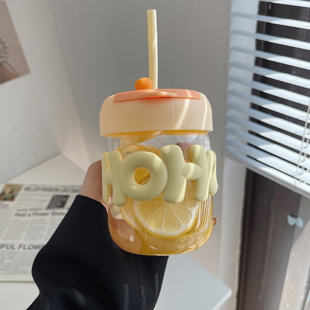 Cute glass double drinking cup with Lid &amp; Straw &amp;  for Water &amp; Juice 400 ml