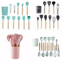 طقم توزيع سيليكون بيد خشب 12 قطعة بالحامل