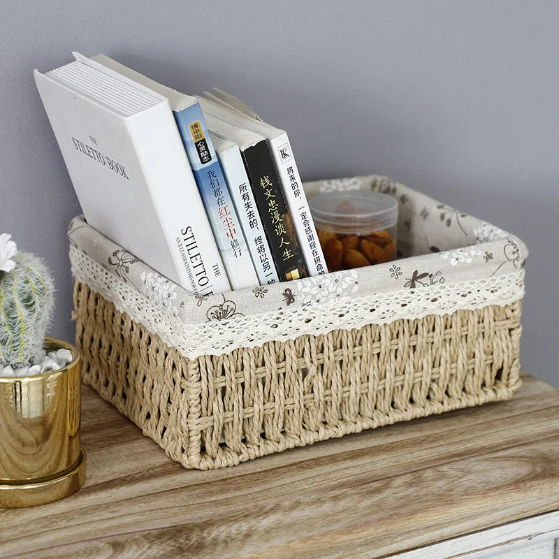 طقم باسكت خوص 3 قطع بمقاسات مختلفة ببطانه كتان لتنظيم وحمل ادوات الميكب والعناية بالشعر والبشرة