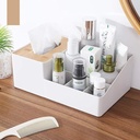 علبة مناديل بغطاء خشبي مقسم 6 خانات لتنظيم ادوات المكتب متعدد الوظائف