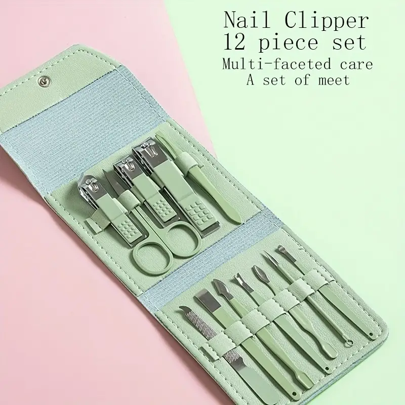 طقم باديكير 12 قطعة بمحفظة جلد للعناية بأظافر اليد والقدم