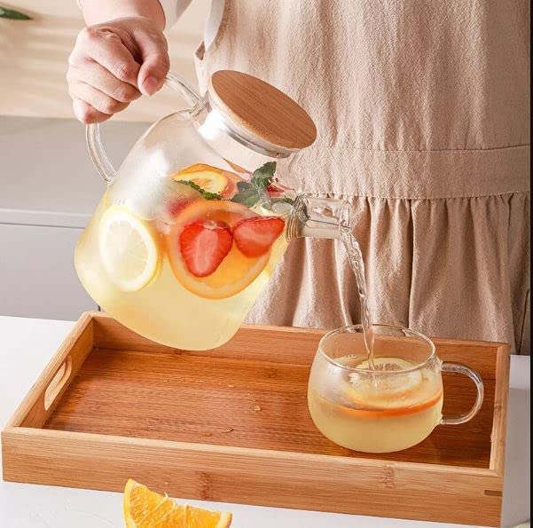 براد شاي زجاج شفاف 1800 ملي بغطاء خشبي ومصفاه داخلية للشاي والاعشاب