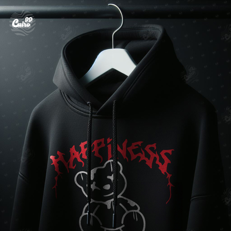 Happiness هودي اوفر سايز قطن بكابيشو باللون الاسود  للرجال والنساء