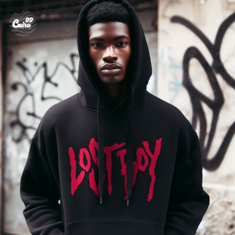 Lost boy هودي اوفر سايز قطن بكابيشو باللون الاسود  للرجال والنساء