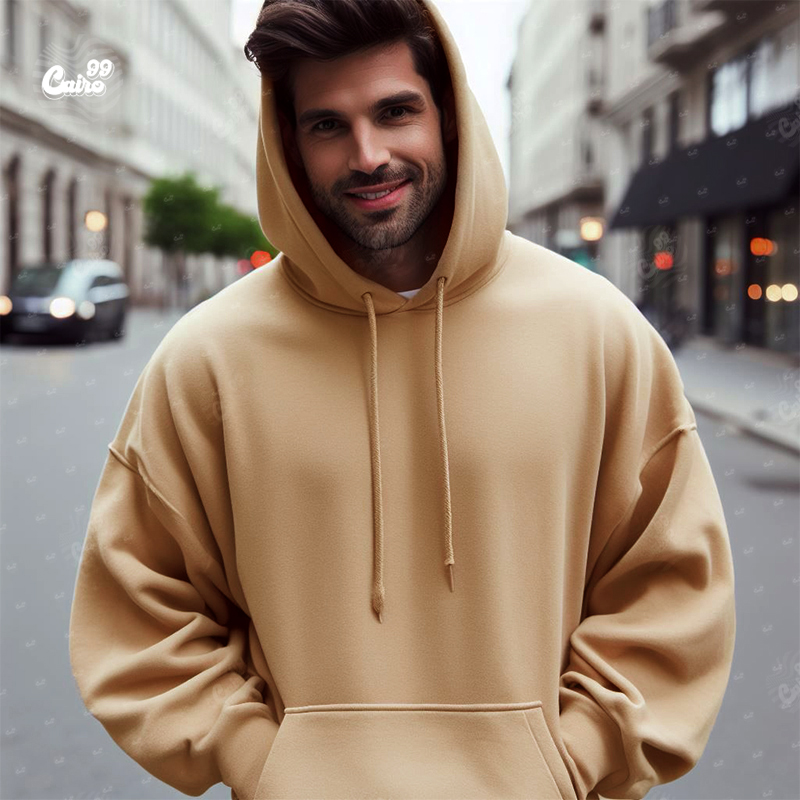 هودي اوفر سايز قطن باللون البيج للرجال