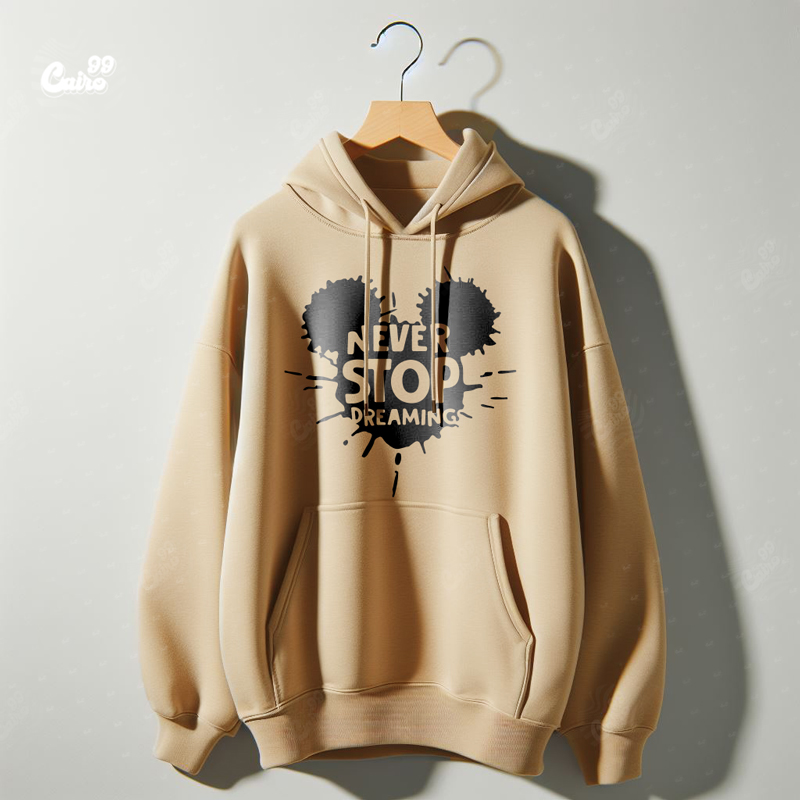 Never Stop Dreaming هودي اوفر سايز قطن باللون البيج