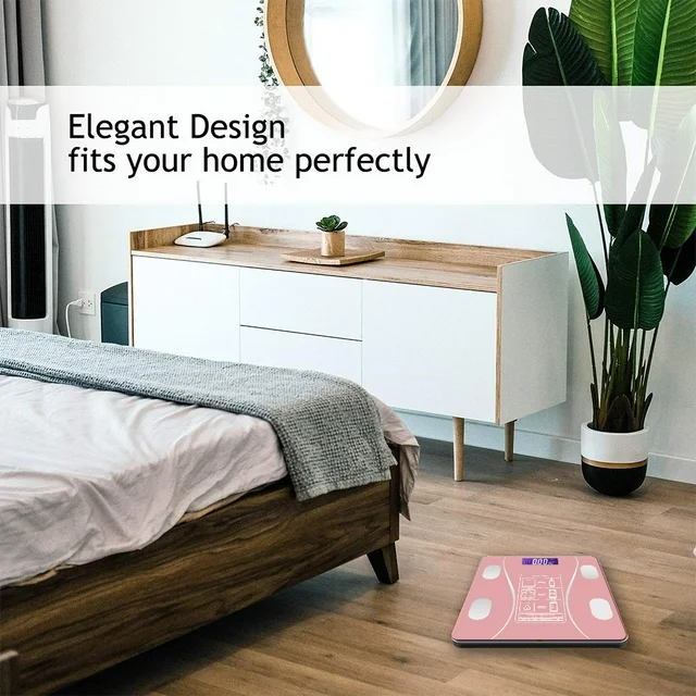 ميزان ديجيتال منزلي لقياس الوزن حتي 180 كجم بشاحن يو اس بي يعمل بالبلوتوث بشاشة ليد رقمية  - بينك