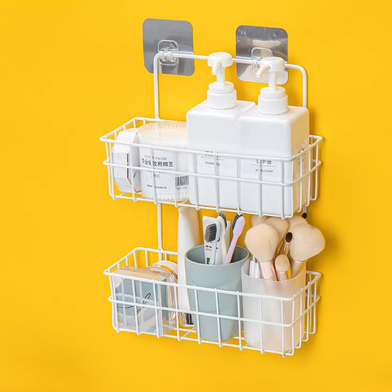 رف 2 دور معدن لحمل وتنظيم ادوات المطبخ والحمام مزود بهوك دبل فيس