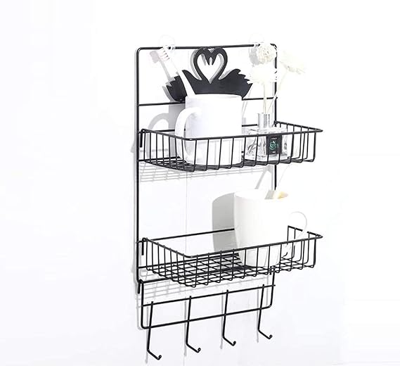 رف معدن 2 دور قابل للفك و التركيب مزود ب 4 هوك لحمل و تنظيم ادوات المطبخ و الحمام