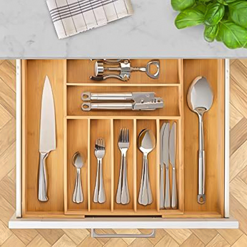 منظم ادراج خشبي مقسم 9 خانات قابل للتوسيع والتعديل لتنظيم المعالق والشوك والسكاكين لسهولة الرؤية والاستخدام