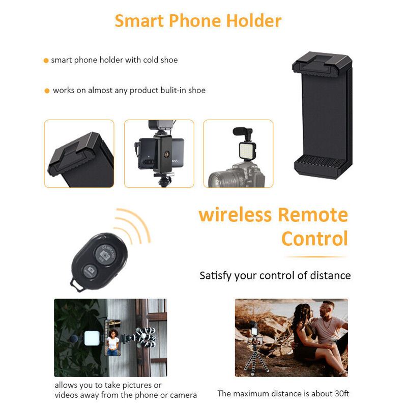 مجموعة تصوير احترافية ترايبود مع حامل للموبايل وكشاف اضاءه ليد وميكروفون بريموت كنترول للتصوير عن بعد