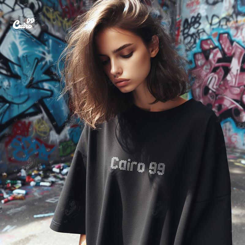 Blue Eye تيشيرت اوفر سايز قطن باللون الاسود