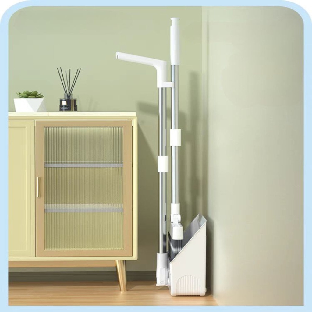 طقم تنظيف 3 في 1 مقشة وجاروف ومساحة بيد معدن دوارة قابة للطي