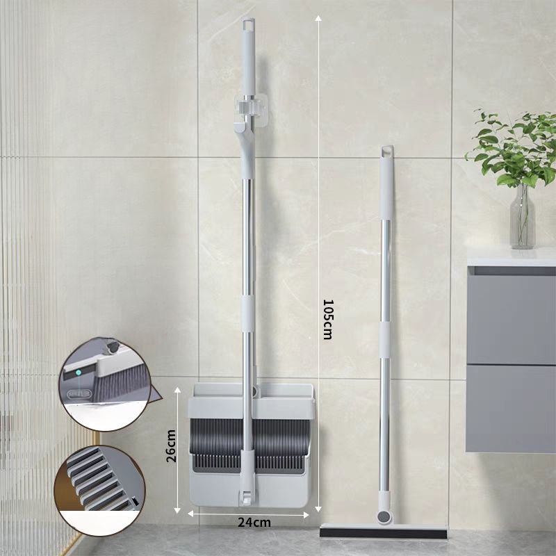 طقم تنظيف 3 في 1 مقشة وجاروف ومساحة بيد معدن دوارة قابة للطي