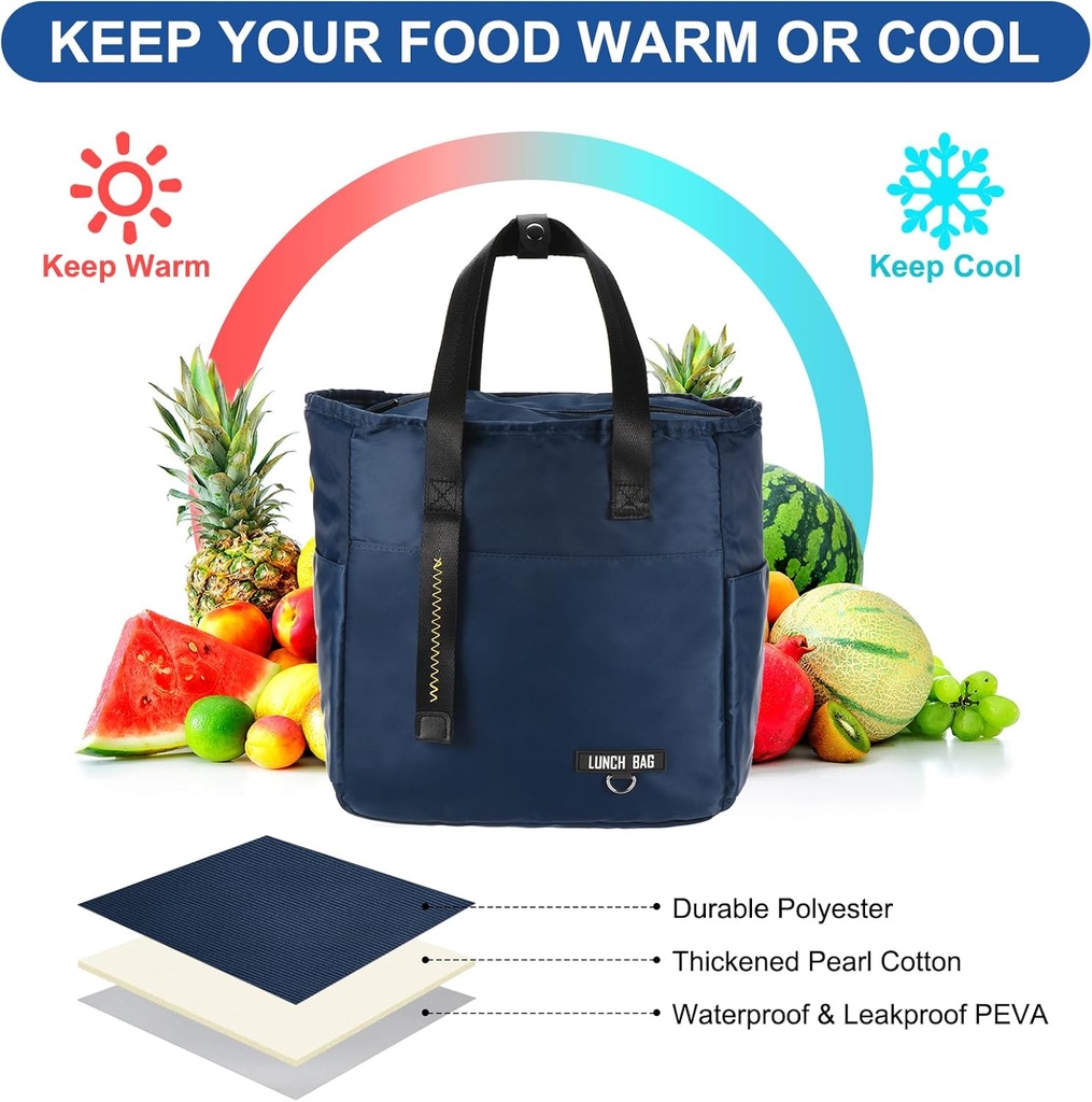 شنطة لانش بوكس حرارية بيد لحفظ الطعام والمشروبات سعة كبيرة  مع 3 جيب