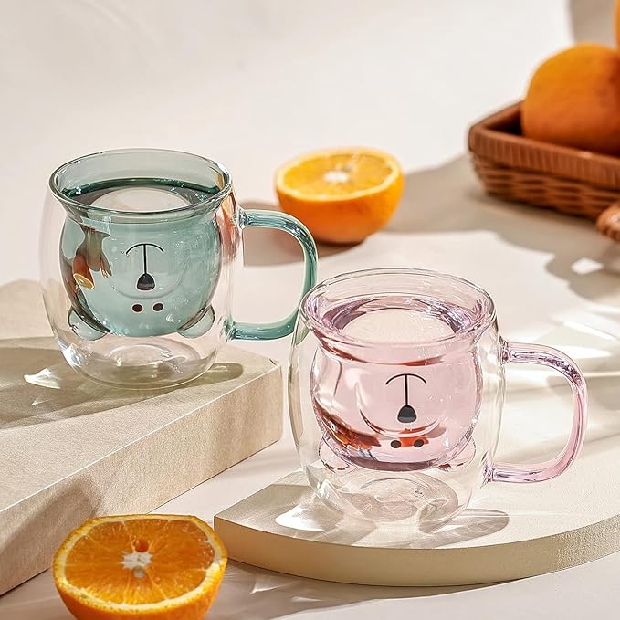 مج زجاج دبل شكل دبدوب 250 ملي لشرب النسكافيه والكابتشينو