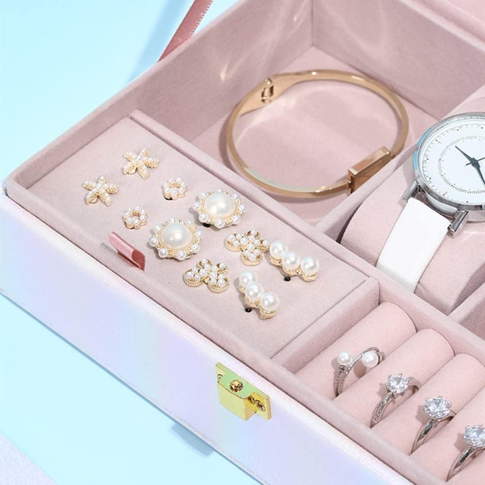 صندوق جلد بمرآة لتنظيم الإكسسوارات والمجوهرات بغطاء محكم الغلق