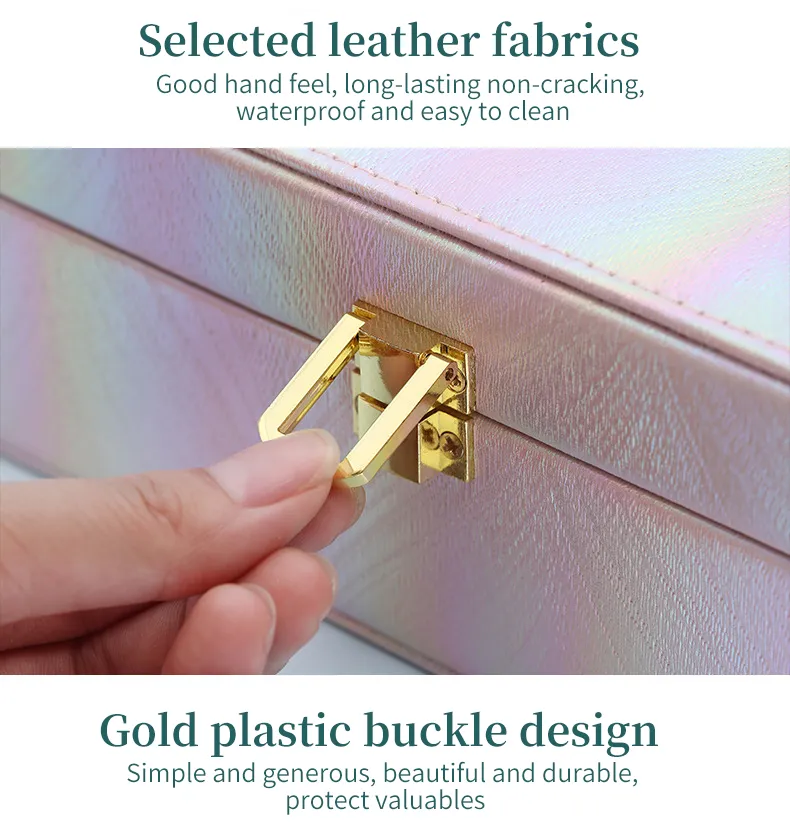 صندوق جلد بمرآة لتنظيم الإكسسوارات والمجوهرات بغطاء محكم الغلق