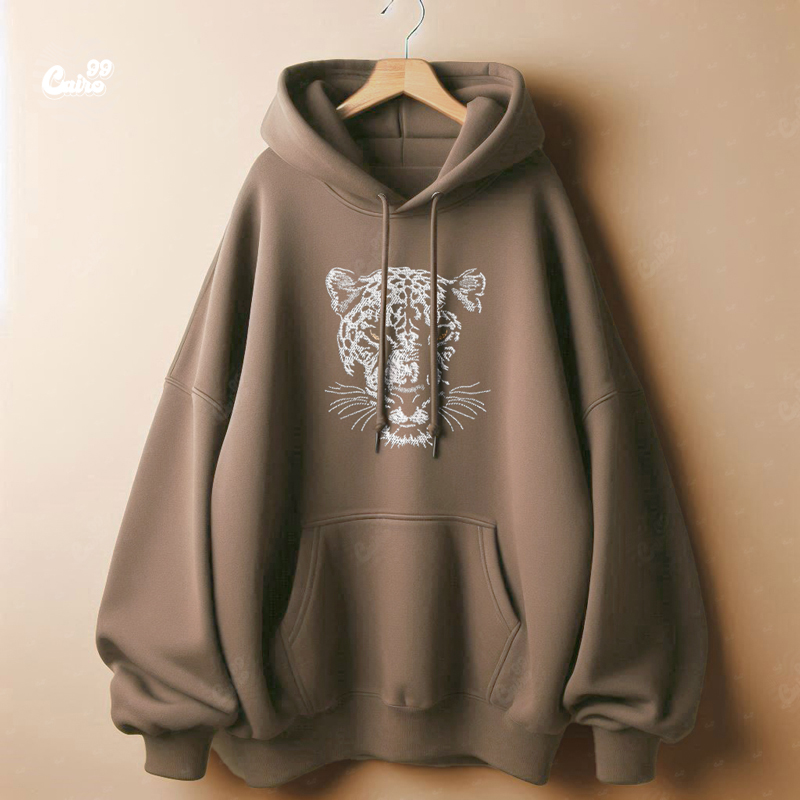 Wild Tiger هودي اوفر سايز قطن للرجال باللون البيج