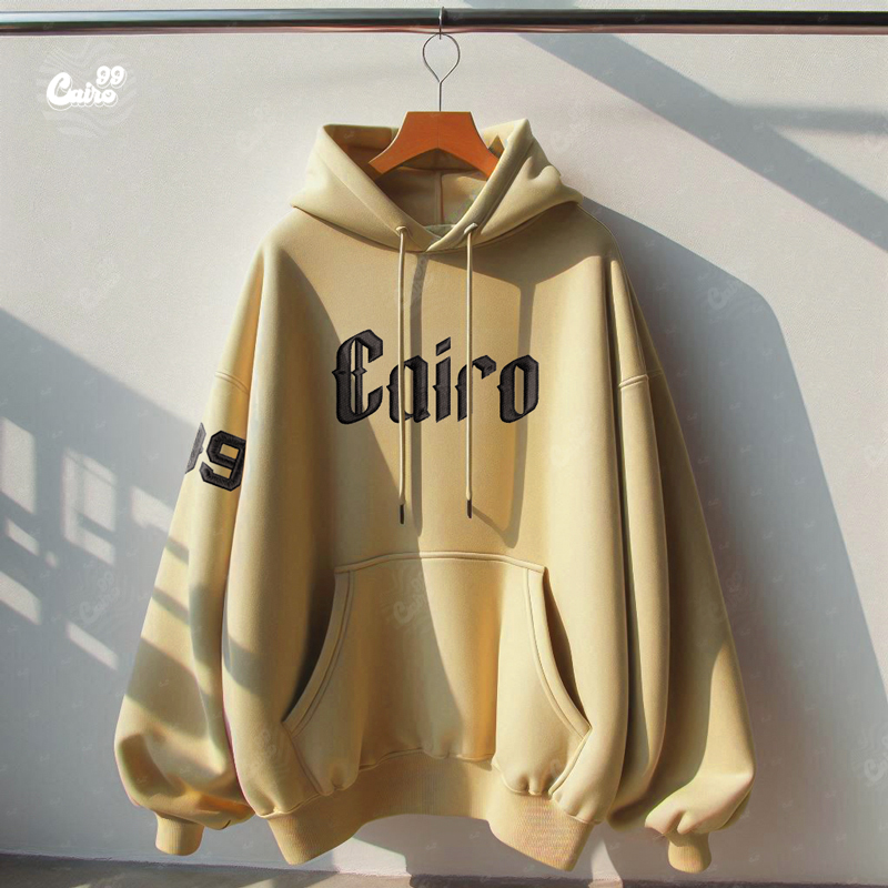 Cairo99 Needlework هودي اوفر سايز قطن للرجال باللون البيج