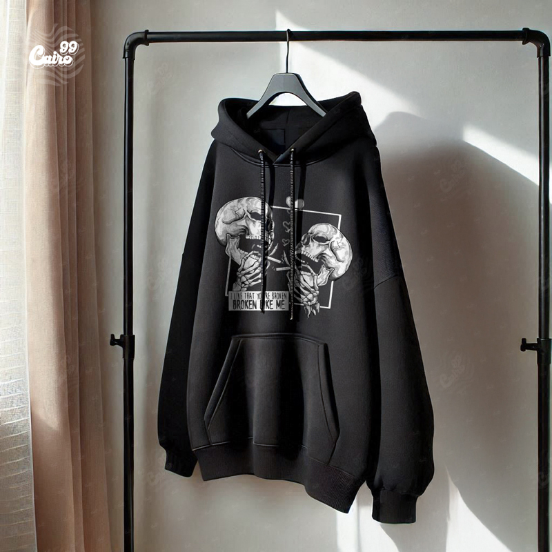 Broken Like Me هودي اوفر سايز قطن للرجال باللون الأسود