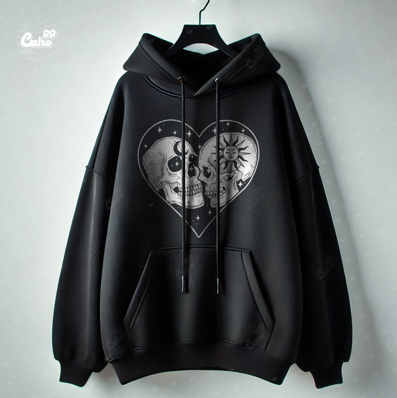 Sun &amp; Moon Forbidden Love هودي اوفر سايز قطن للرجال باللون الأسود