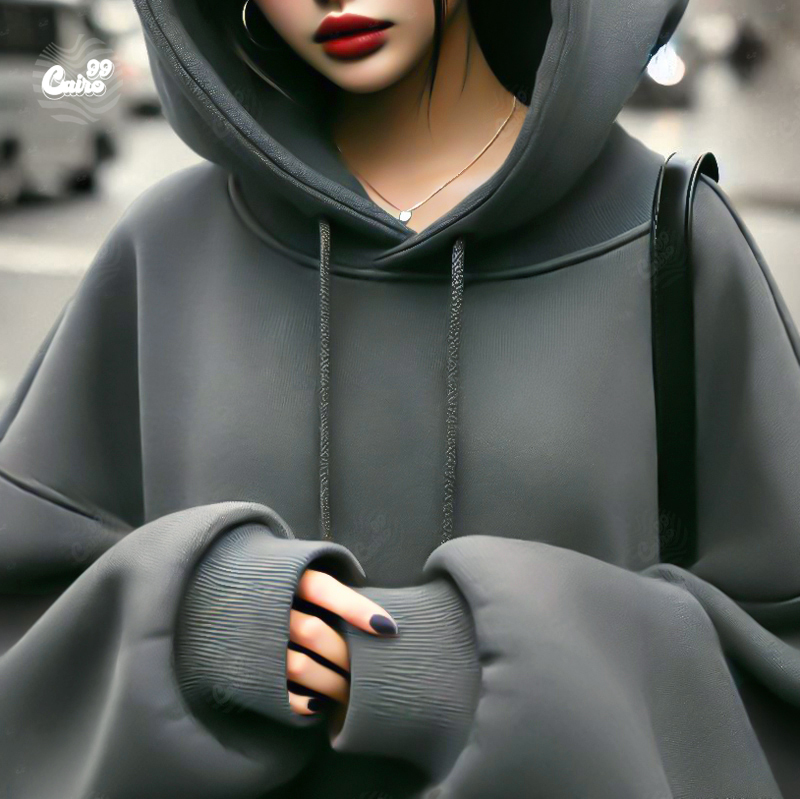 Why Not هودي اوفر سايز قطن  باللون الرمادي