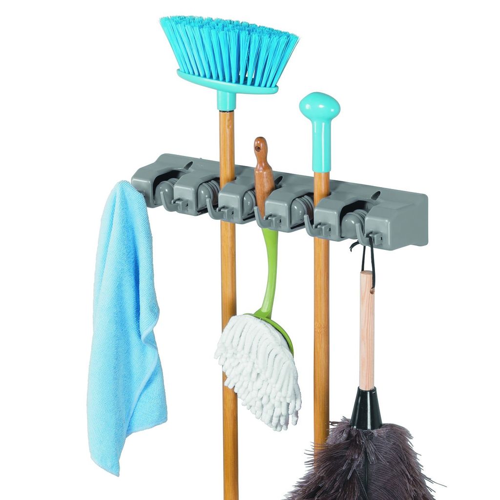 حامل مكانس بهوكات متعددة لتعليق مستلزمات التنظيف والفوط والجاروف والفرش
