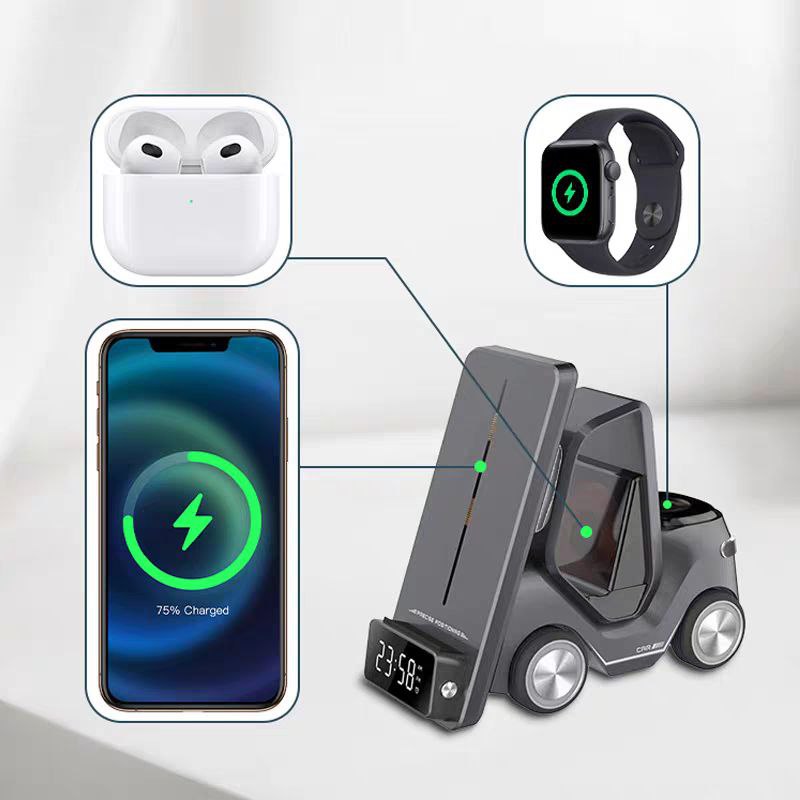 شاحن لاسلكي 5 *1 مع منبة وساعة  _ بقوة 15 واط