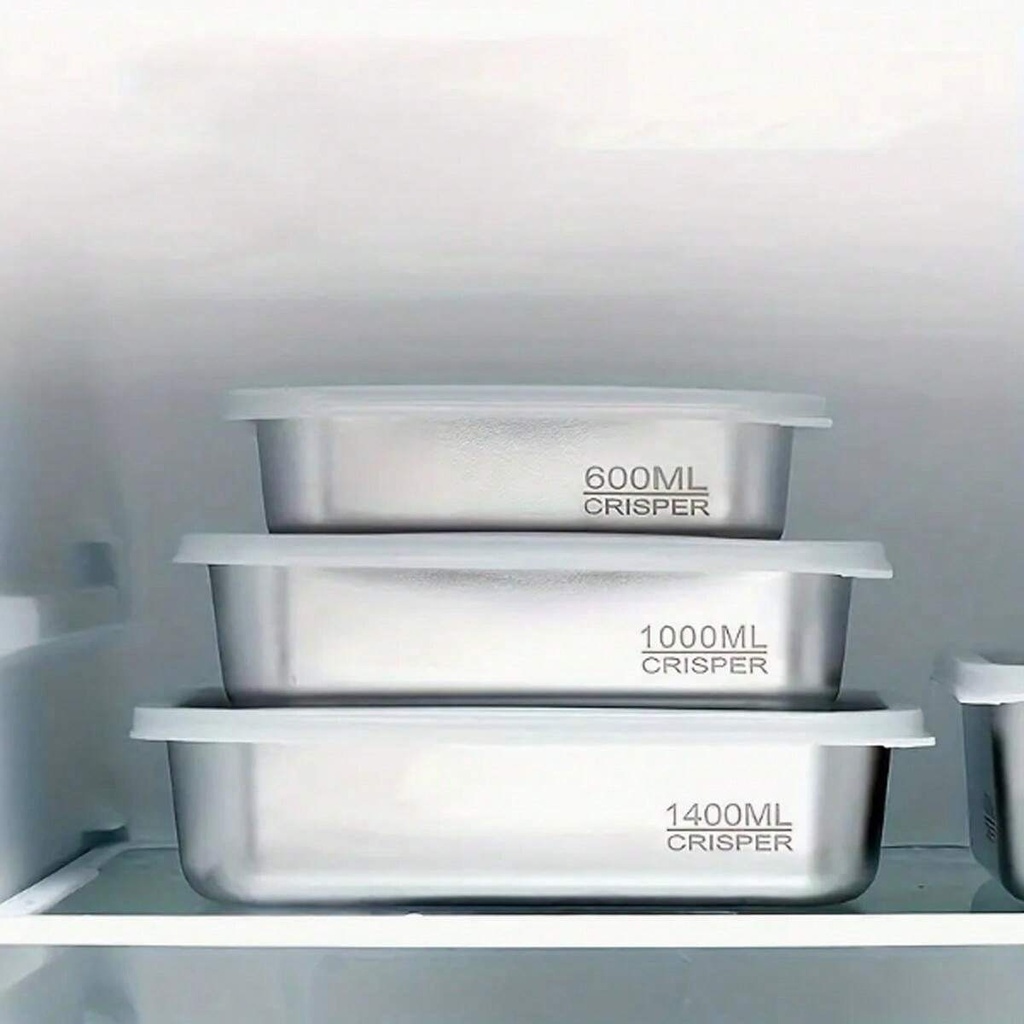 طقم علب ثلاجة ستانلس ستيل 3 قطع بمقاسات مختلفة بغطاء محكم الغلق لحفظ الطعام