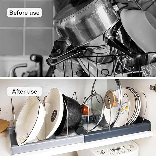 حامل ومنظم لاغطية الحلل والمقالي 7 خانات قابلة للتعديل