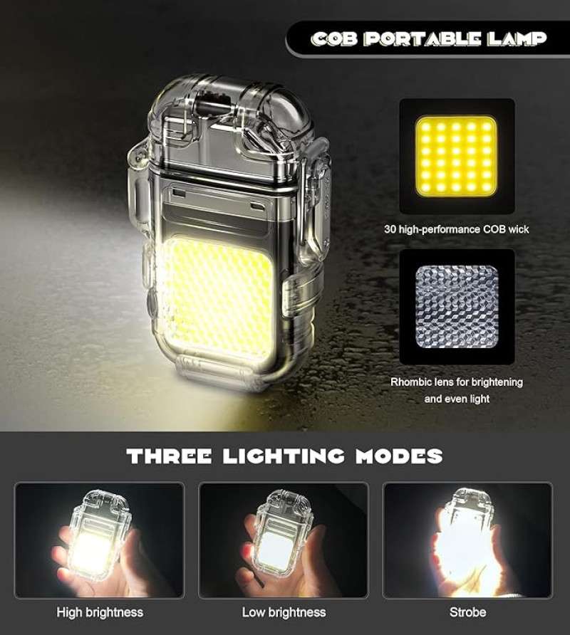 ولاعة كهربائية مقاومة للماء بكشاف ب 3 درجات إضاءة مختلفة لرحلات البحر والتخييم قابلة لإعادة الشحن