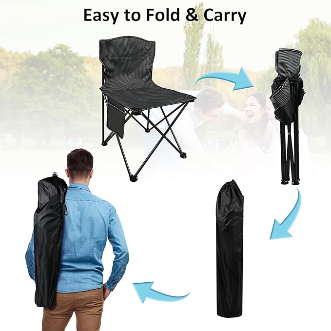 كرسي رحلات وتخييم قابل للطي مع مسند ضهر و جيب جانبي لحمل الموبايل