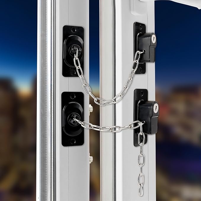 قفل أمان بسلسة معدن قابلة للتعديل  ومفتاح لغلق النوافذ والابواب