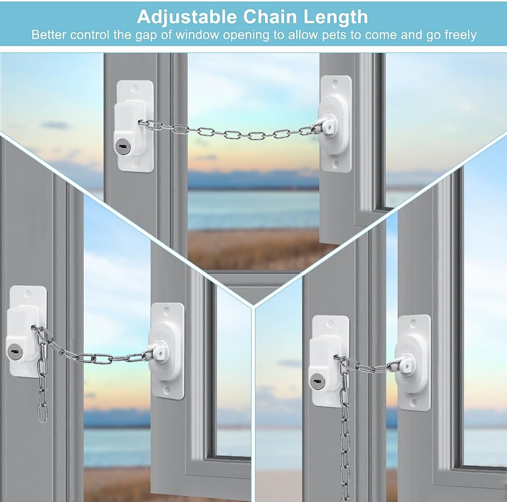 قفل أمان بسلسة معدن قابلة للتعديل  ومفتاح لغلق النوافذ والابواب