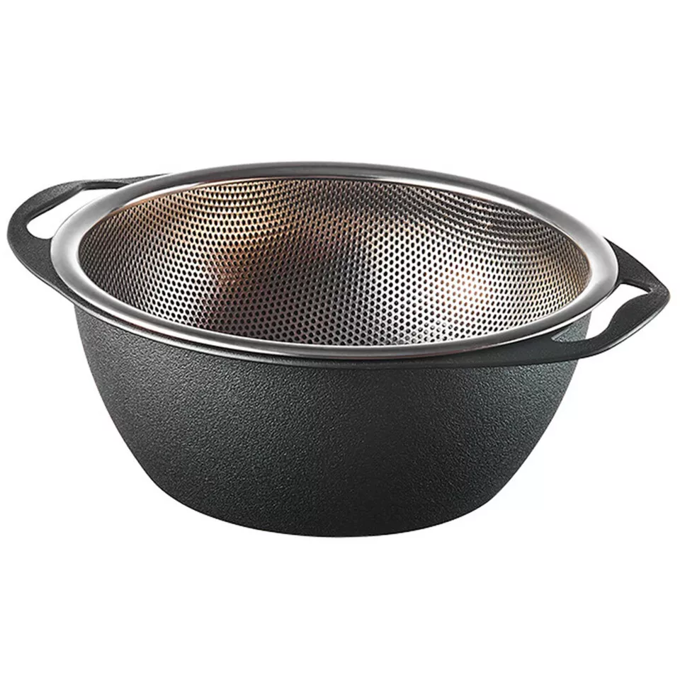 طبق بلاستيك بمصفاه ستاليس ستيل لغسيل وتصفية الخضار والفاكهة - باللون الرمادي