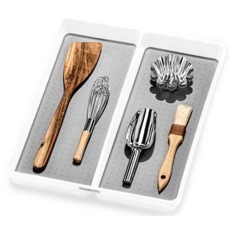 منظم لدرج المطبخ مقسم 2 خانة سيليكون من الداخل لتنظيم المعالق والشوك