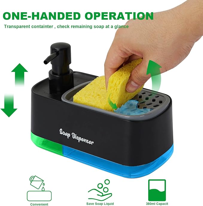 موزع صابون 2 فى 1 يدوى مع حامل إسفنجة مدمج بقاعدة اكليريك للمطبخ